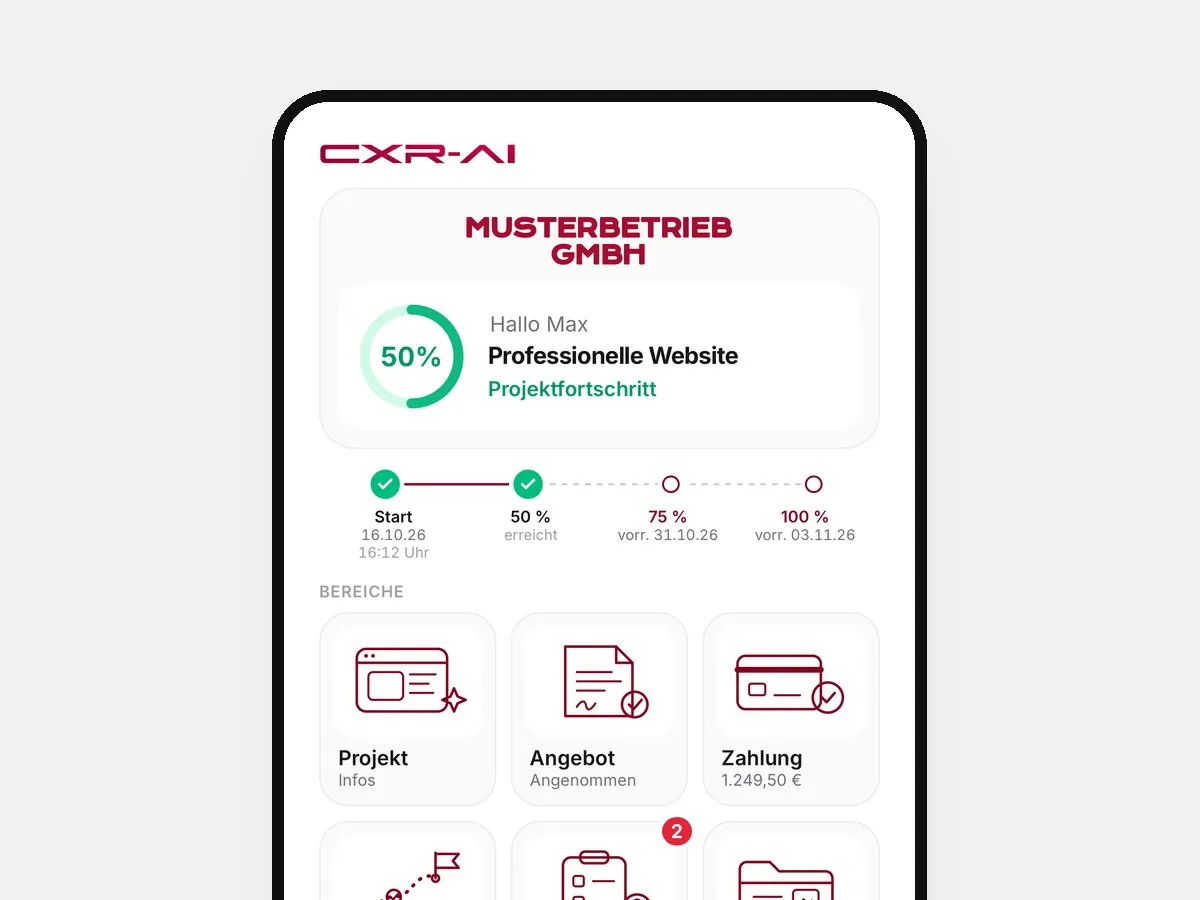 Kundenportal der CXR-AI App auf dem Handy mit Projektfortschritt, Angebot, Zahlung und Dateien