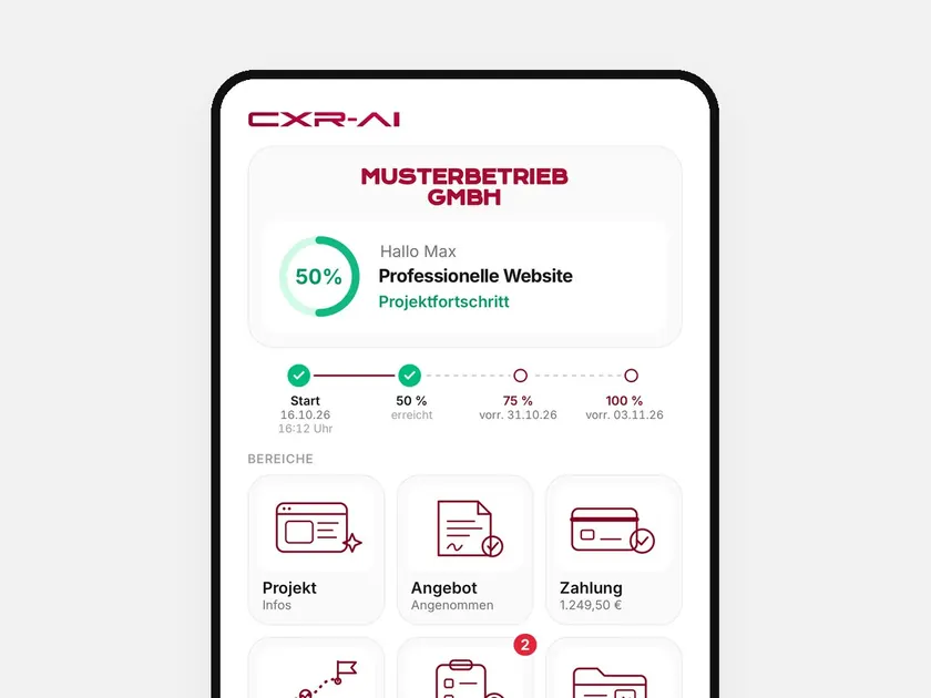 Kundenportal der CXR-AI App auf dem Handy: Projektfortschritt, Angebot, Zahlung und Dateien auf einen Blick